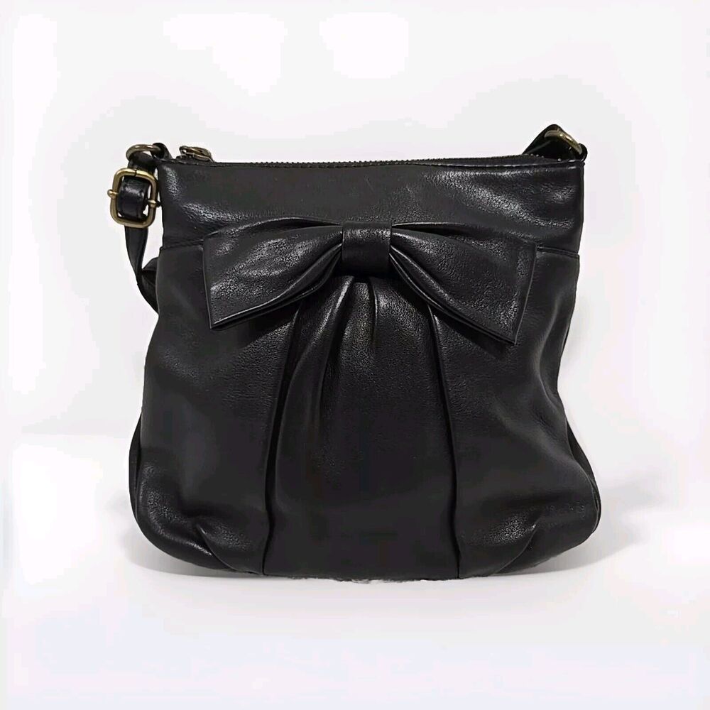 Isabella Fiore Black Leather Crossbody Bow Purse Black Soft Size Small - Picture 2 of 10